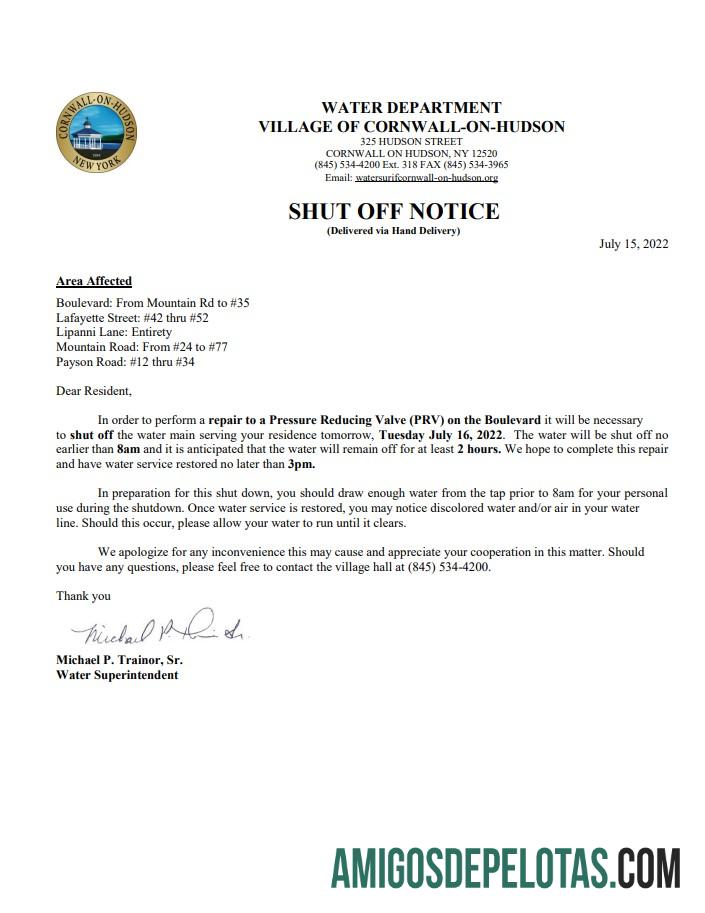 Em branco EUA Nova York Cornwall On Hudson Water Utility Bill Aviso de desligamento, modelo Word e PDF